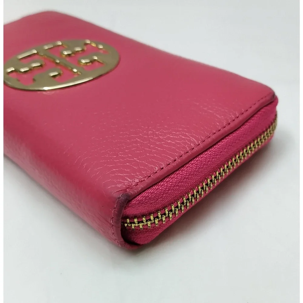 Tory Burch Pink Pebbled Leather Zip Around Credit Card Wallet